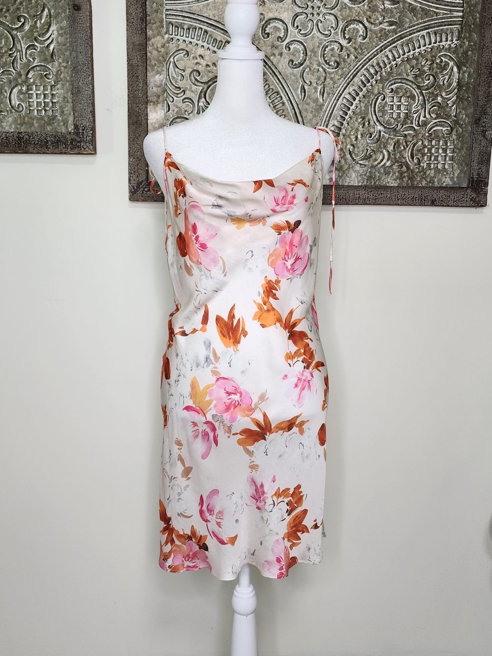 Zara Floral Satin Cowl Drape Neck Slip Dress Small Romantic Dainty Fairycore